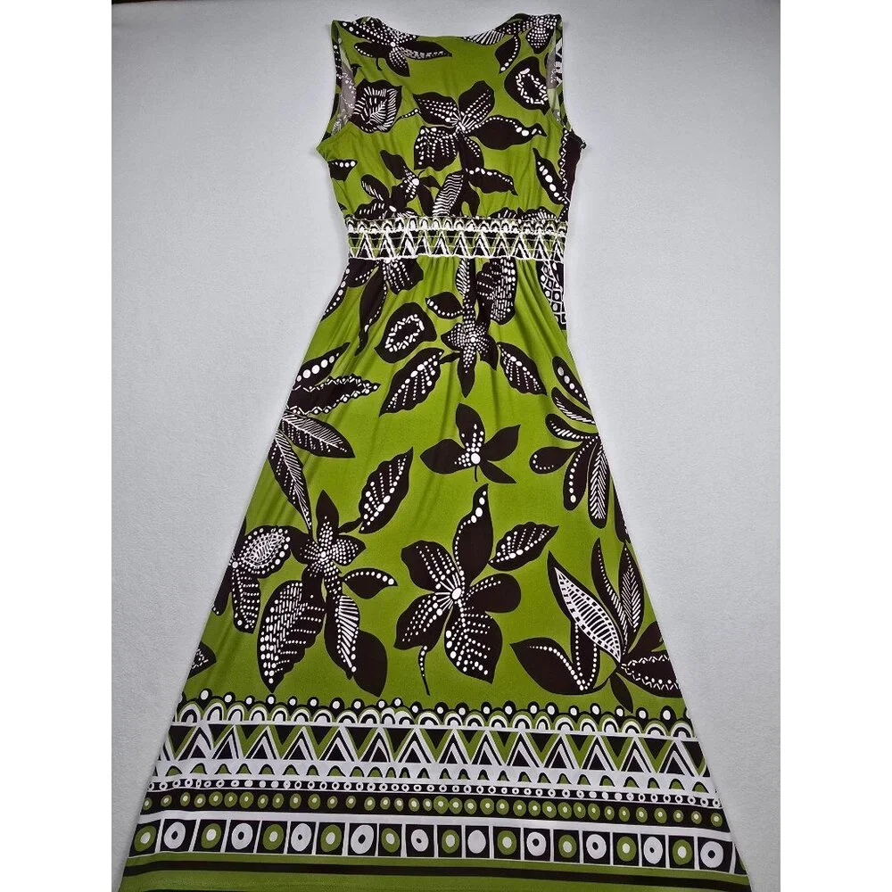Soft Surroundings Sleeveless Lime Green Brown White Floral Maxi Dress Petite M - Picture 3 of 4